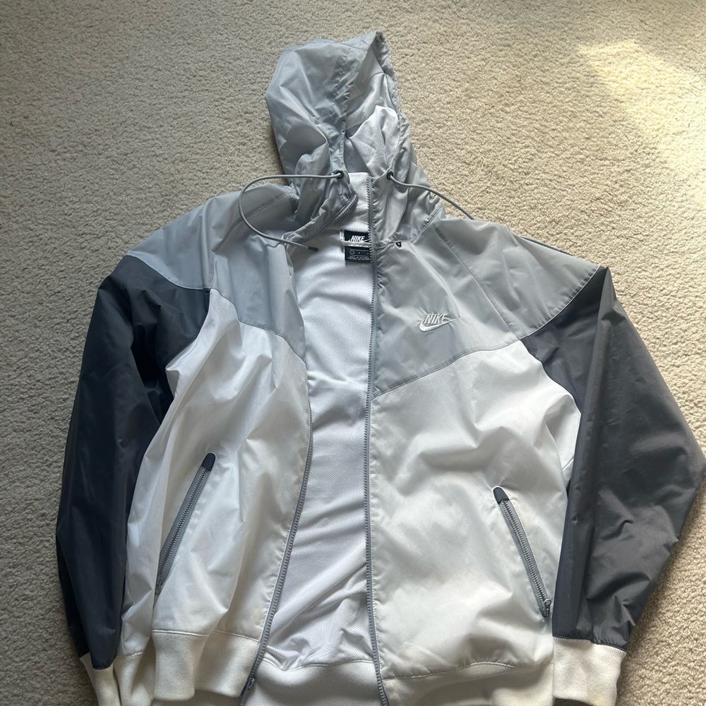 Nike Gray and White Windbreaker with Hood and Colorblocking